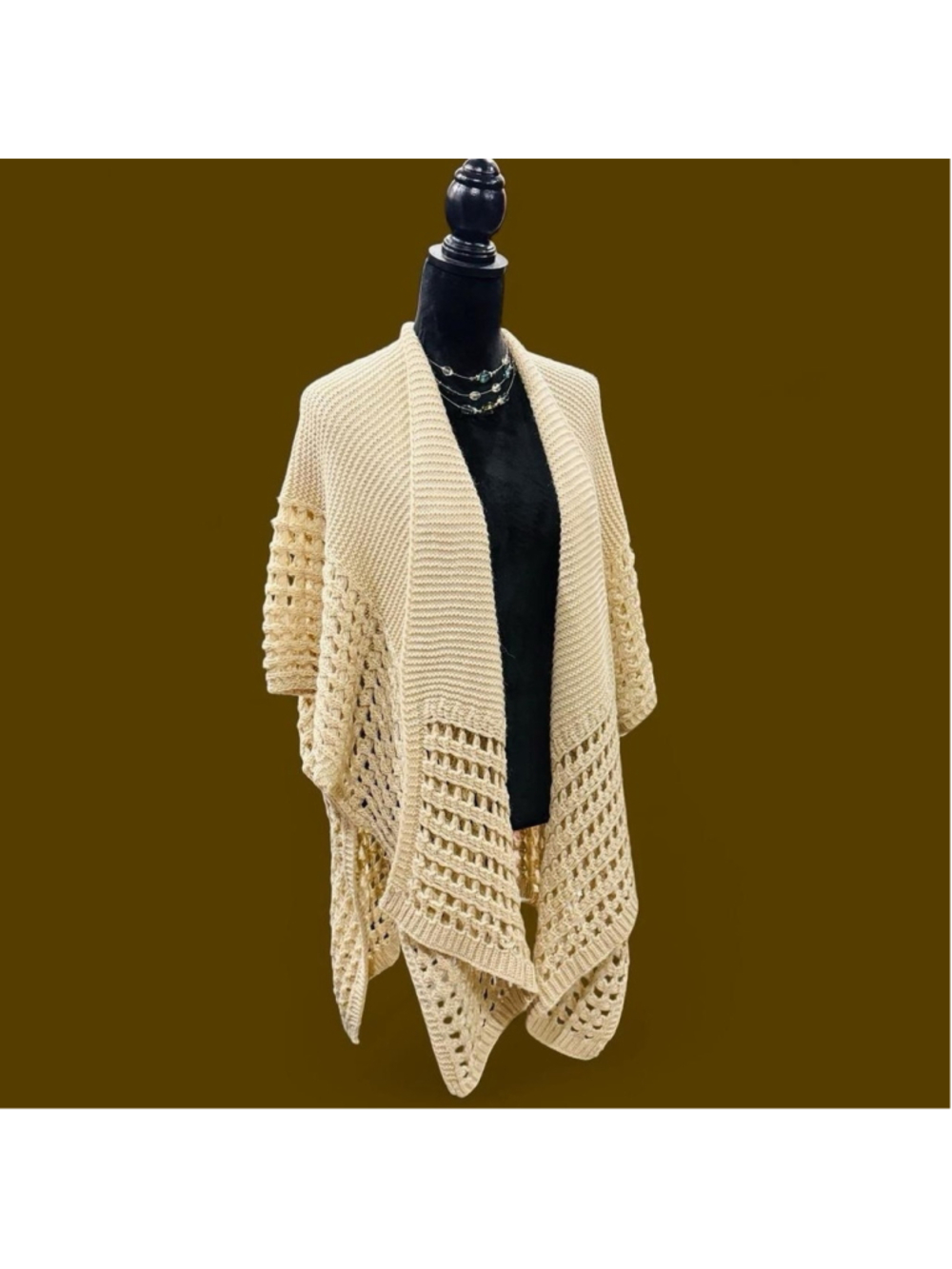Do Everything In Love Crochet Knit Open Cardigan OS Cream Boho Waterfall Poncho